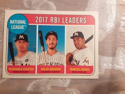 2018 Topps Heritage #4 NL RBI Leaders 2017 Stanton, Arenado & Ozuna - Image 1 of 4