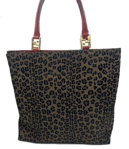 Borsa tote FENDI tela pelle leopardata marrone rosso unisex autentica