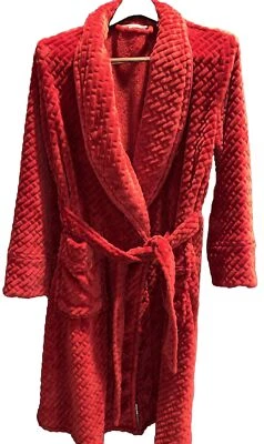 Soft Surroundings Cranberry RED LONG ROBE SOFT Plush pockets Gathered Back BELT - Image 1 of 4