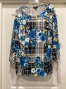 Alyx Blues Multi Floral Plaid Print 3/4 Bell Open Arm Tie Sleeve Blouse SZ 3X - Picture 1 of 12
