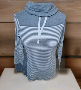 Eddie Bauer Shirt Women's Size PS Gray White Striped Cowl Neck Drawstring - Picture 1 of 10