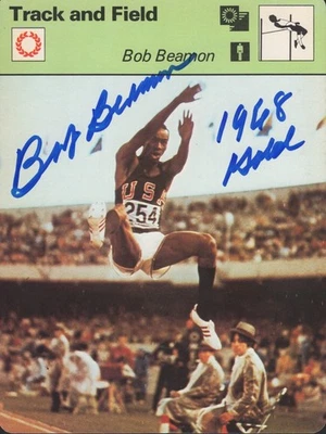 BOB BEAMON 1968 GOLD SIGNED TRACK AND FIELD SPORTSCASTER CARD BECKETT - Image 1 of 2