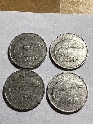 Lot of 4 Irish 10 Pence Coins KM#23 Harp Erie Salmon 1969, 74, 78 & 80 Free Ship - Image 1 of 2