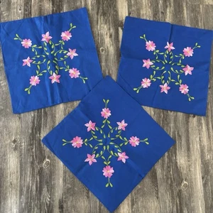 Embroidered Cobalt Blue Throw Pillow Covers Pink Green Floral 16x16 square 3 LOT - Picture 1 of 6