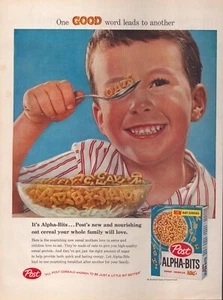 Anuncio impreso Post Alpha-Bits 1958 Una buena palabra lleva a otro niño sosteniendo cuchara - Imagen 1 de 1