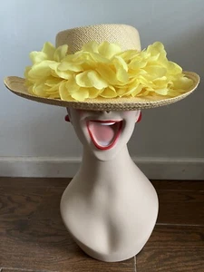 Vintage Hat Straw French Quarter Design USA Yellow Flower Petals Small 7” Women - Picture 1 of 11