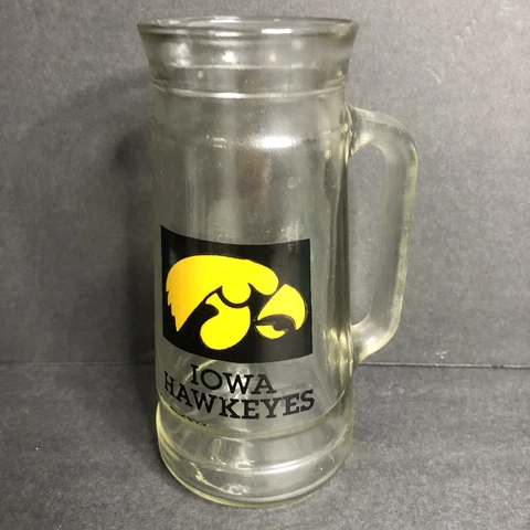 Vintage Iowa Hawkeyes Beer Mug Glass Handled Yellow Black Design 7" Tall Cover