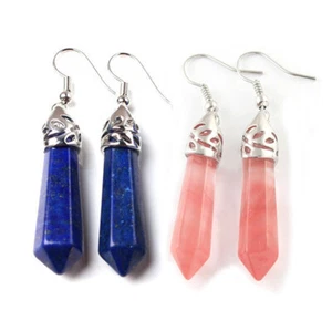 2 Pair Lot Natural Stone Lapis Lazuli Gemstone Silver Women Dangle Earrings - Picture 1 of 6