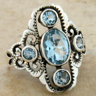 GENUINE BLUE TOPAZ VICTORIAN STYLE 925 STERLING SILVER CLASSIC DESIGN RING  389X - Image 1 of 4