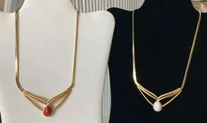 TRIFARI 2 Bib Necklaces Gold Tone Faux Stones 1 Red/1 White 80's/90's Jewelry - Picture 1 of 9
