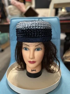 Sombrero de paja vintage azul tejido rafia para mujer con red - Imagen 1 de 8