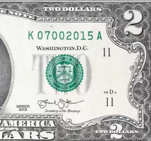 July 2015 : K 07002015 A MONTH / YEAR $2 Two Dollar Bill ( 07 - 2015 ) - Picture 1 of 3
