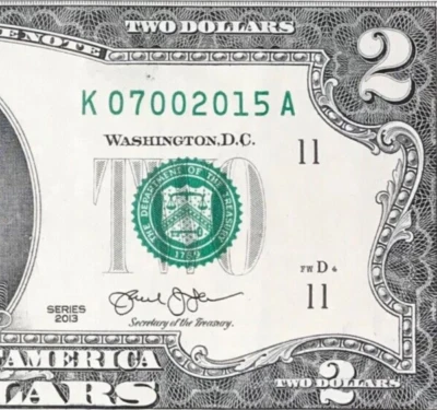 July 2015 : K 07002015 A MONTH / YEAR $2 Two Dollar Bill ( 07 - 2015 )  - Image 1 of 3