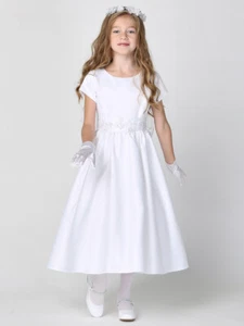 NEW Satin with Silver Corded Trim Tea-Length Dress Holy Communion Flower Girl - Picture 1 of 4