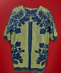 Vintage 60s Plush Green Blue Beach Towel Coverup Jacket Front Zip Sz M/L - Picture 1 of 11