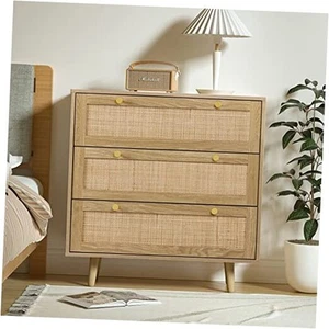 3 Drawer Dresser for Bedroom, Rattan Dresser Modern Wood Chest of Drawers - Picture 1 of 6