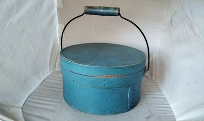 NICEST ANTQ. WOOD BAIL HANDLE PANTRY BOX W/ ORIGINAL ROBIN EGG BLUE PAINT!!!!!! - Image 1 of 4