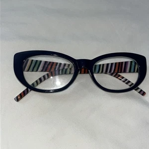 Cat Eye Glasses Navy Blue Frame Multi Color Stripe Arms Eyeglasses - Picture 1 of 24
