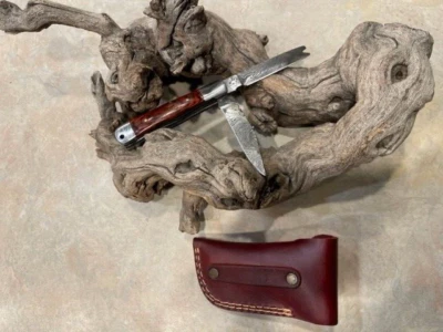 HAND MADE DAMASCUS TWO BLADE FOLDING POCKET KNIFE  NON LOCK RED WOOD STOCKS - Image 1 of 4