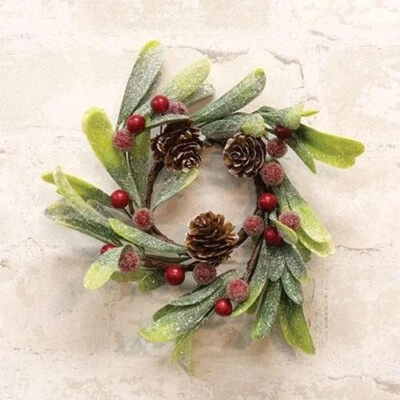 NUEVO Anillo Vela MISTLETOE Esmerilado Bayas Rojas Brillantes 2.5" Abierto x8"W CONO DE PINO Foto 1 de 2