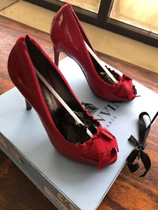 Lanvin Red Patent Leather Peep toe with Bow Heels Classic Pumps 37 NEW NIB - Picture 1 of 9