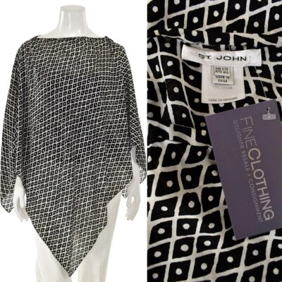 Poncho ligero 100 % seda estampado diamante negro/blanco St. John Knits talla 1 talla Foto 1 de 4