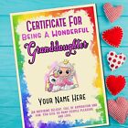 Personalised Wonderful Granddaugther Princess/Unicorn Certificate, Kids Birthday