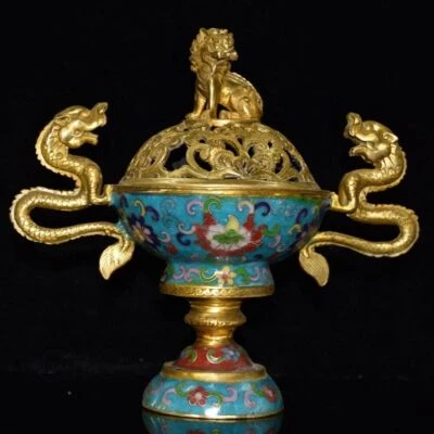 24 CM China Cloisonne copper Incense burner censer old Brass animal Pot - Imagem 1 de 4