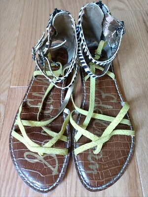 SAM EDELMAN Gladiator Sandals Yellow Zebra Stripe Leather Flats Thong Straps 7.5 - Image 1 of 4