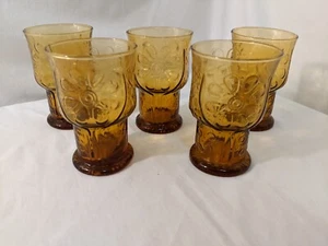 Bicchieri acqua vintage MCM Libbey vetro ambrato giardino campagna margherita boho 5" set di 5 - Foto 1 di 7