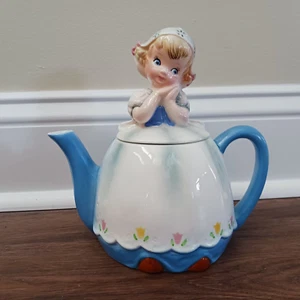 Tetera y tapa vintage Lefton holandesa niña coqueta decoración cocina azul blanco 2699 - Imagen 1 de 11