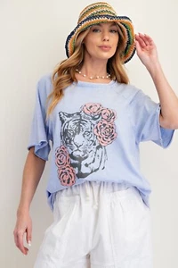 Easel Women's Tiger Rose Print Mineral Washed Short Sleeve Tee Top in Peri Blue - Picture 1 of 5