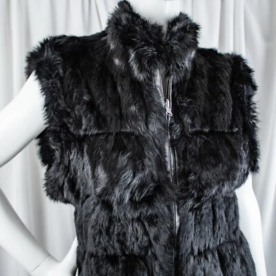 LINDA RICHARDS New York Black Gray Rabbit Fur Reversible Vest Jacket Size L - Image 1 of 4