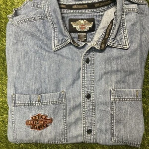 Harley Davidson Denim Jean Shirt X-Large Embroidered Long Sleeve Patch Cotton - Picture 1 of 6
