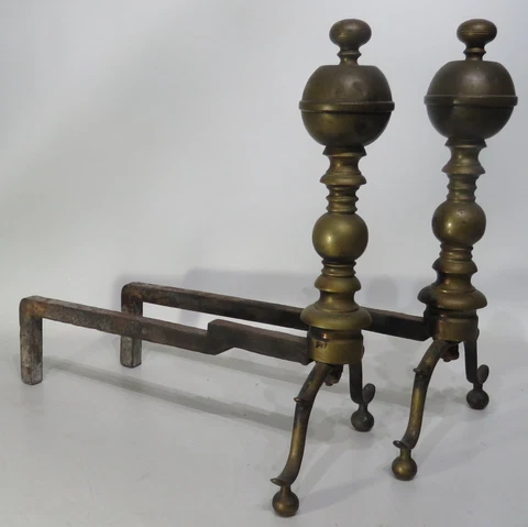 Antique 19th C Wrought Iron / Brass Andiron Early American Fireplace Log Holder Cover
