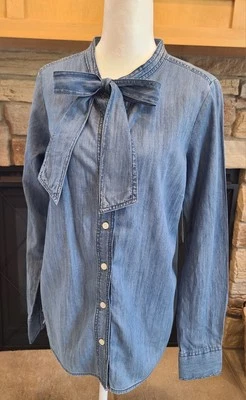 New NWT Sz XS St John's Bay Denim Button-Down Shirt With Tie Womens Blue Cotton - Image 1 of 4