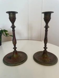 2 Antique Indian Brass Candlesticks Coloured Etched Middle East 1920s 1930s - Picture 1 of 6