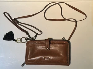 THE SAK WOMENS IRIS LARGE SMARTPHONE CROSSBODY BAG LEATHER PURSE Cognac - Picture 1 of 9
