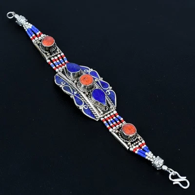 Red Coral Lapis Lazuli Tribal 925 Sterling Silver Tibetan Nepali Bracelet 8" R07 - Image 1 of 4