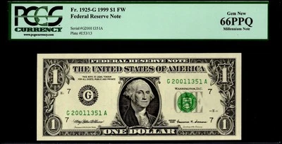 1999 $1 FRN CHICAGO. FR: 1925-L. PCGS Graded: 66 PPQ. MILLENNIUM NOTE. - Image 1 of 2