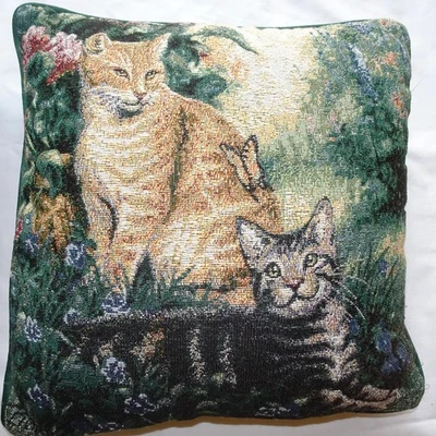 Scene Weaver Tapestry Pillow Cats Flowers Sofa Home Decor 16" x 16" - Image 1 of 4