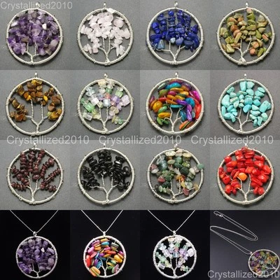 Natural Gemstone Reiki Chakra Chip Beads Tree of Life Healing Pendant Charm - Image 1 of 4