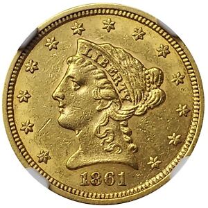Rare 1861 US 2 1/2 Dollar Gold Coin NGC AU58 Coronet Head Civil War PM0025