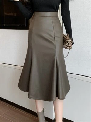 Otoño Invierno Cuero PU Para Mujer Faldas Sirena Falda Alta Wasit Mujer Negra Foto 1 de 4