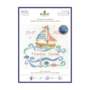 DMC Counted Cross X Stitch Sail Boat Birth Sampler Kit Personalize - Afbeelding 1 van 2