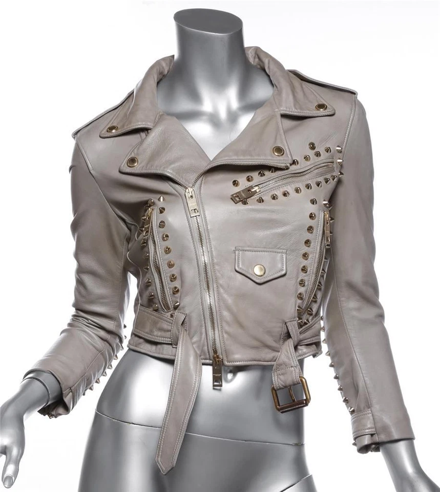 Abrigo Chaqueta Recortada BURBERRY PRORSUM Cuero Taupe Dorado Pico Tachonado 2 XS Foto 1 de 4