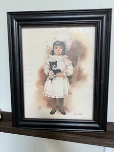 Isle Halle Litho 16x20 Print Girl Holding Black Kitten Framed 19x22 Sepia Tones - Picture 1 of 7