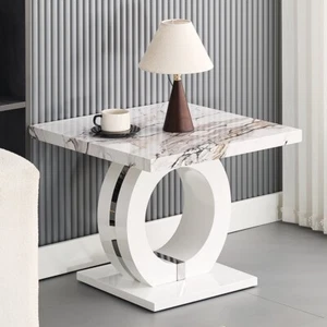 Halo High Gloss Lamp Table In White And Milo Marble Effect - Picture 1 of 9