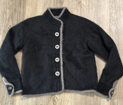 80% Angora Vintage VENESHA Fuzzy Black Fur GrayTrim Sweater Jacket Coat Button S - Image 1 of 4