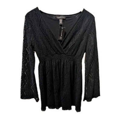 INC International Concepts Womens Sz L Black V Neck Lace Blouse Boho Whimsy Goth - Image 1 of 4